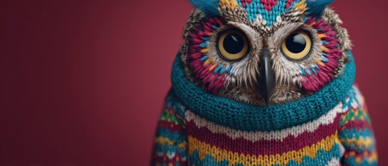 Whimsical owl portrait featuring a charming bird wearing a vibrant, patterned knitted sweater and turtleneck, looking directly at the viewer Concept of animal fashion and cozy winter style