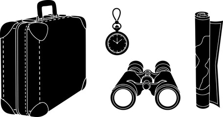 Vintage travel items including suitcase watch binoculars and map silhouette illustration ideal for travel themes