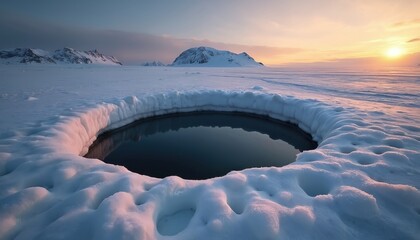 Arctic snowscape features circular dark water pool. Snowy mountains stand at horizon under golden sunset light. Cold frozen nature, tranquil ice texture.