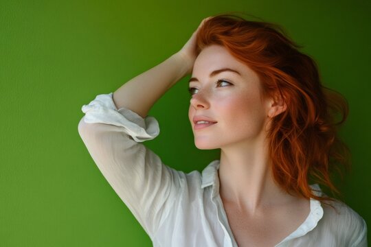 Redhead woman enjoying good mood with a hand in her hair, looking up and away against a green background