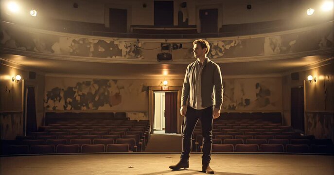 Young male actor standing on the wooden stage of an empty dilapidated vintage theater and walking away