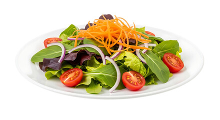 Fresh garden salad with cherry tomatoes red onion and shredded carrots on a white plate, isolated on a white or transparent background, cutout, PNG