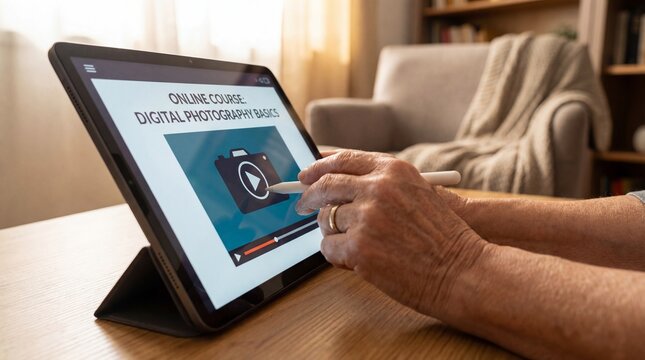 Close up of senior hands using stylus on tablet to watch digital photography course. Cozy home setting depicts lifelong learning and hobbies. Ideal for education and retirement content.