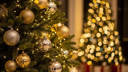 Fototapeta premium Beautiful Christmas Tree with Baubles and Blurred Shiny Lights – Festive Holiday Photography
