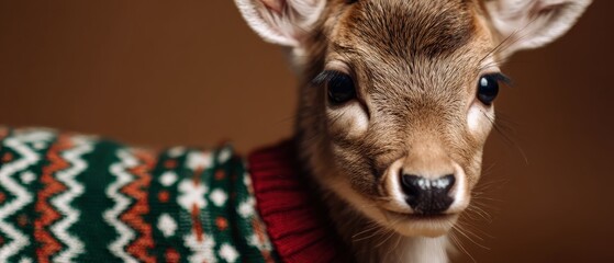 Fototapeta premium Adorable fawn wearing a Christmas sweater indoors, closeup portrait of a cute baby deer in festive holiday clothing Concept of winter, Christmas, and animal portrait