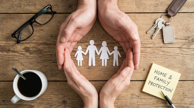 Family and home protection concept with hands sheltering a paper family cutout, insurance and security on wooden desk. - Powered by Adobe