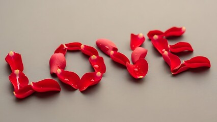 Beautiful romantic arrangement of red rose petals forming the word LOVE on a neutral background, symbolizing affection, passion, and Valentine’s Day celebration creativity