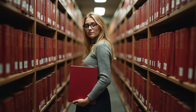 Young woman in glasses holding red book stands between library shelves with old law books. She is focused on her studies, learning for future career and academic success in university.