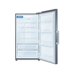 Modern Tall Stainless Steel Refrigerator With Door Ajar And Bright Interior Light Showing Empty Shelves And Drawers On A Black Background