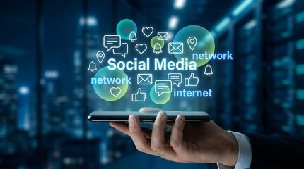 Social media networking and digital marketing communication. A man holds a smart phone with holographic internet icons.