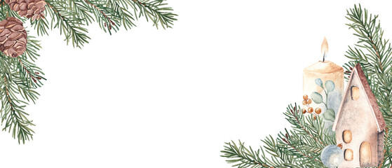 Christmas Advent banner with Winter plants, fir, pine branches and cones, candle and ceramic house, lantern. Watercolor horizontal frame, border. Hand drawn illustration. Perfect as a web banner, card