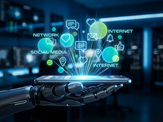Artificial intelligence and future technology concept with a robot hand holding a smartphone and social media icons.