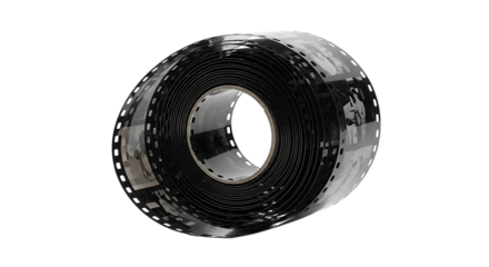 Rolled black and white film reel with vintage photographs visible, isolated on a white or transparent background, cutout, PNG