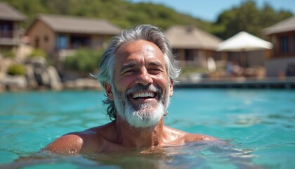 Smiling senior man swims in clear blue water near beach houses. He enjoys warm sunny day outdoors, showing happiness and relaxation. This is a candid photo capturing joyful leisure time.