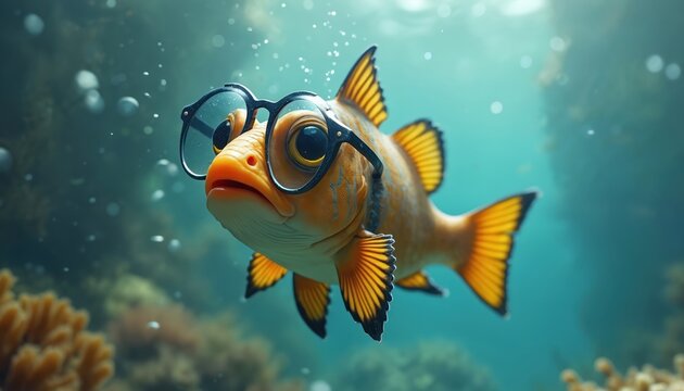 Funny fish with glasses swims underwater. This playful creature is in deep blue ocean water with bubbles floating. It looks curious and smart in its natural habitat near coral reefs.