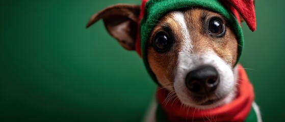 Cute Jack Russell Terrier dog wearing a festive red and green elf hat and scarf, looking adorable with big eyes on a vibrant green background Concept of Christmas, holidays, and pets