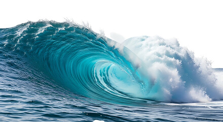 Powerful ocean wave curling and breaking with white foam and turquoise water, isolated on a white or transparent background, cutout, PNG