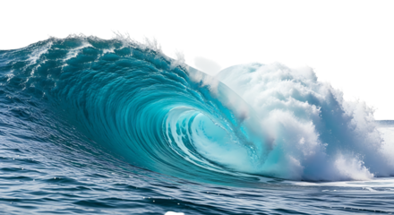 Powerful ocean wave curling and breaking with white foam and turquoise water, isolated on a white or transparent background, cutout, PNG
