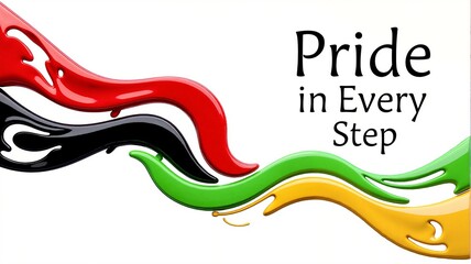 Black month celebration banner with "Pride in Every Step" text. Abstract liquid stripes in Pan-African colors. Graphic design for Black History Month with copy space