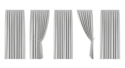 Five white fabric curtains displayed in different styles with pleats and tie-backs, isolated on a white or transparent background, cutout, PNG