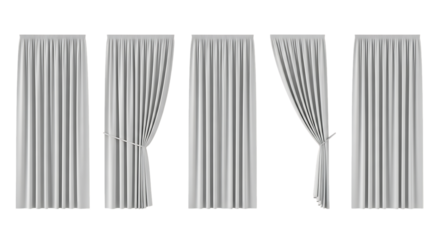 Five white fabric curtains displayed in different styles with pleats and tie-backs, isolated on a white or transparent background, cutout, PNG