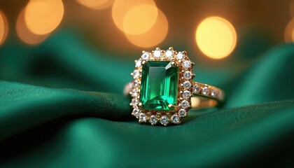 Close up of a gold ring with a large emerald center stone surrounded by small diamonds. The luxury jewelry rests on dark green satin fabric. Soft bokeh lights in background.