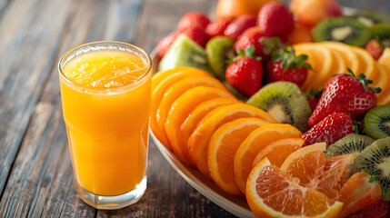 Still life of orange juice in a glass with fruit platter on a wooden table top arrangement view