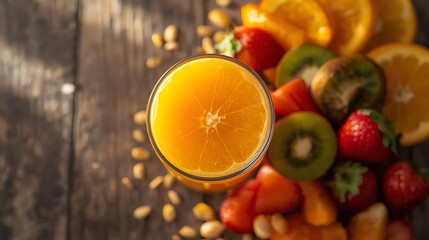 Top view of orange juice in glass with strawberries kiwi and orange slices on wooden surface near seeds