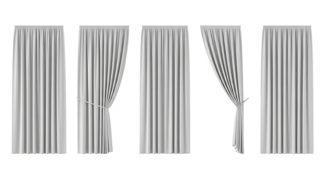 Five white fabric curtains displayed in different styles with pleats and tie-backs, isolated on a white or transparent background, cutout, PNG