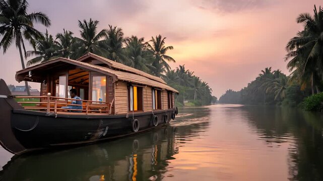 Traditional wooden houseboat cruising along a tranquil backwater canal lined with lush palm trees at sunset in kerala, india