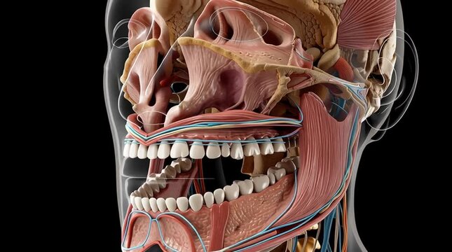 Anatomical cross section of human head showing muscles and skull detail