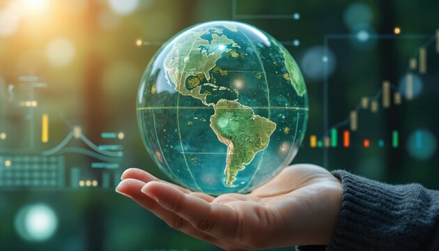 Transparent globe with digital charts showing carbon footprint and eco impact. Hand holds planet, symbolizing global environment data and sustainability analytics. Future tech for green planning.