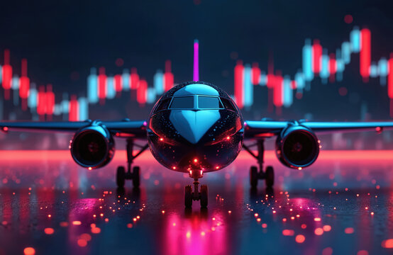 Futuristic jet airplane stands before glowing stock market chart bars. Represents aviation industry growth, financial trade, and future travel tech concepts.