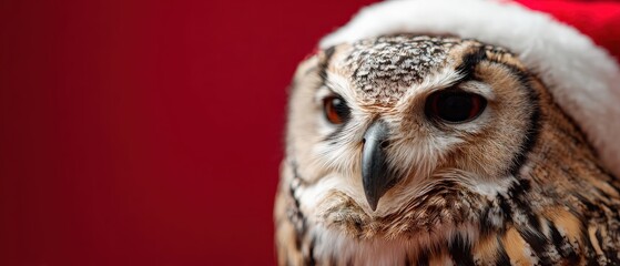 Obraz premium Closeup of a majestic owl wearing a Santa hat against a vibrant red background, capturing the festive spirit of Christmas and winter holidays