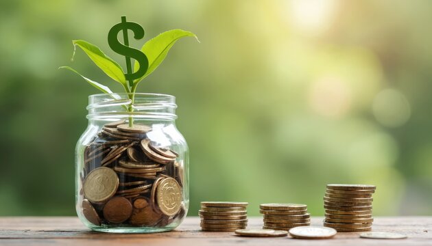 Image shows a glass jar filled with coins. Dollar sign formed by leaves is growing from the jar. Piles of coins are near. Money financial growth concept.