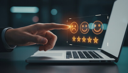 Customer dissatisfaction and bad service review concept. Man's hand gives a negative one star rating on a futuristic display.