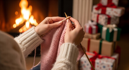 A cozy winter scene featuring a woman knitting a pink scarf near a warm fireplace. Soft golden firelight creates a relaxing atmosphere, highlighting the calm, homely mood perfect for seasonal and life