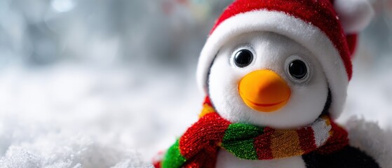 Cute penguin plush toy wearing a red Santa hat and colorful striped scarf, sitting in fresh white snow outdoors Festive and joyful winter holiday concept