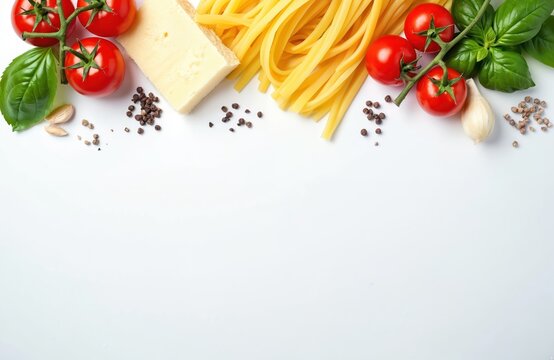 Raw fettuccine pasta with cherry tomatoes basil and parmesan cheese. Ingredients for Italian meal preparation on white background with copy space. Garlic and peppercorns nearby. - Powered by Adobe