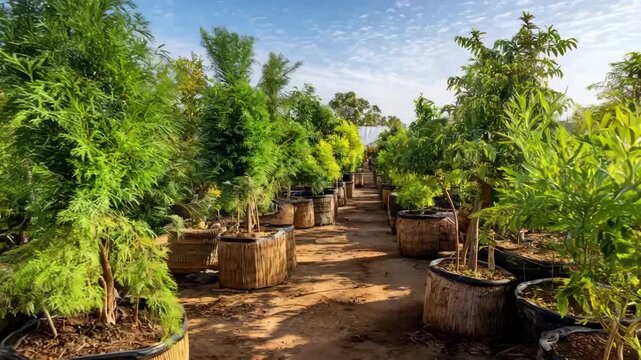 View of diverse tree varieties cultivated in a mix of plastic clay and biodegradable pots demonstrating versatile containerized tree production techniques in a modern nursery