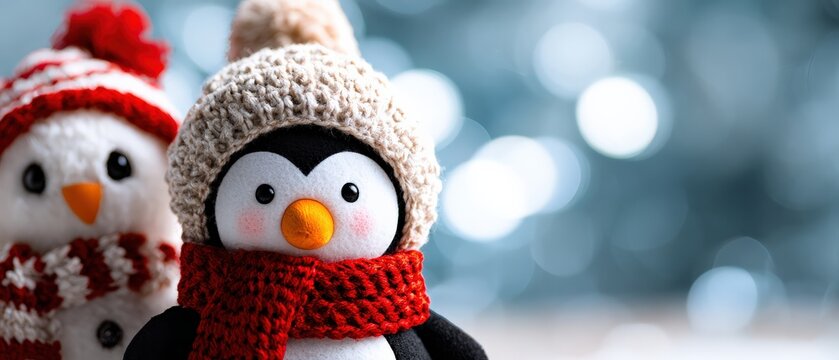 Cute knitted penguin and snowman plush toys in winter hats and scarves, standing together against a festive bokeh background Perfect for winter holidays, Christmas, and cozy friendship concepts