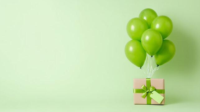 Green balloons floating above a pink gift box with a tag, set against a soft green background, festive concept of event planning or party supplies