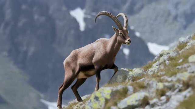 A majestic goat navigating rocky terrain in a serene mountain landscape.