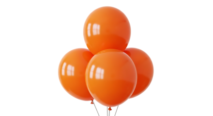Cluster of four glossy orange balloons with reflections, isolated on a white or transparent background, cutout, PNG