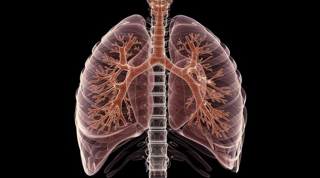 Illustration of human lungs trachea and rib cage on a black background