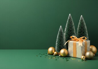 A stylish Christmas scene featuring a gold ribbon wrapped gift, tiny frosted trees, and gold ornaments set against a rich green backdrop, conveying festive warmth and New Year anticipation
