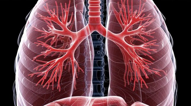 Illustration of human lungs and trachea with bronchi on a black background