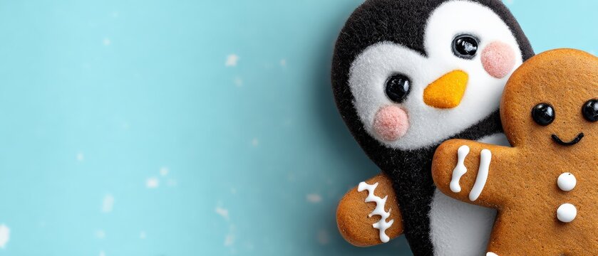 Adorable felt penguin toy embracing a smiling gingerbread man cookie on a light blue background with copy space A sweet concept for winter holidays, Christmas, and friendship