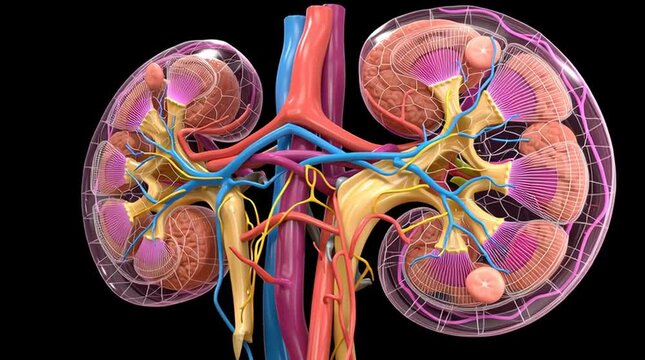 Detailed anatomical illustration of cross section of human kidneys