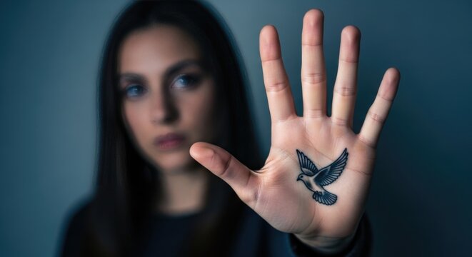Woman's palm displays dove symbol signifying freedom and hope against human trafficking. Represents resilience and dignity, a plea for liberation and protection.
